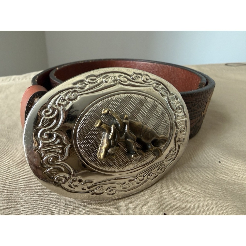 Nocona Boys Western Leather Belt 22 Rodeo Tooled Bull Rider Cowboy Buckle Brown